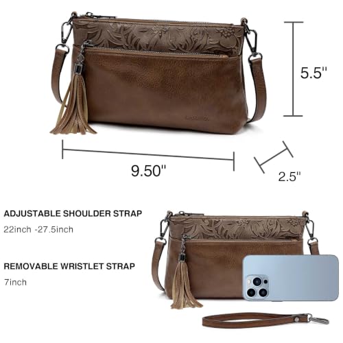 LAVAWA Women's Crossbody Handbag Small Vintage, Ladies Wallet Western Adjustable Phone Purse Clutch Turquoise Concho Embossed - color: Coffee3