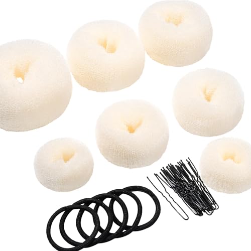 Teenitor Hair Bun Maker Set - 7 Hair Donut for Buns (1 Extra-Large, 2 Large, 2 Medium, 2 Small), 5 Elastic Bands, 20 Hair Pins, Cream White Color - color: Cream Color