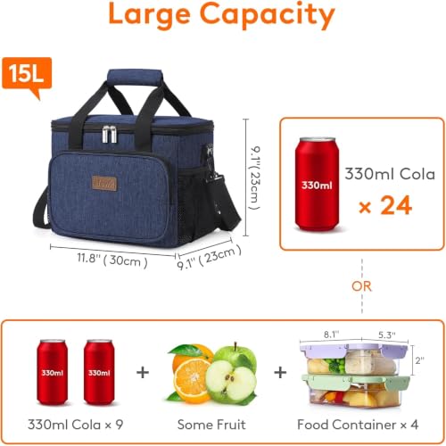 Lifewit Large Lunch Bag, Insulated Lunch Box, Soft Cooler Cooling Tote for Adult Men Women, Dark Blue 24-Can (15L) - color: Dark Blue, size: Large(15L)