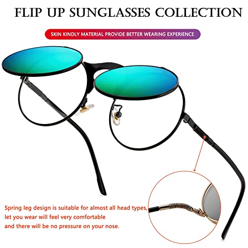 AIEYEZO Round Flip Up Sunglasses for Men and Women Rave Flip Glasses 90's Retro Steampunk Style - color: Black/Green Mirror