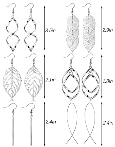FUNEIA 6 Pairs Drop Dangle Earrings for Women Long Bar Double Twist Wave Curved Threader Cut Out Leaf Lightweight Earrings Set - color: A:Silver