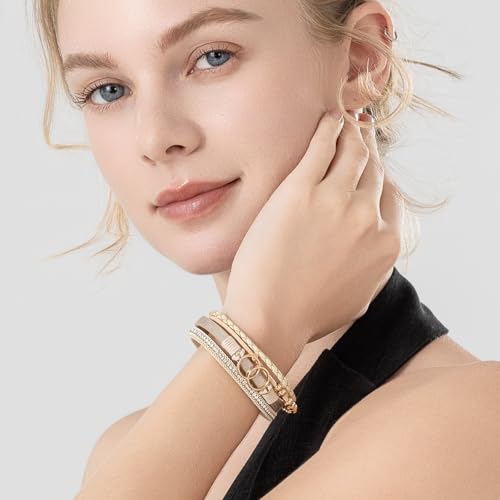 FANCY SHINY Boho Leather Wrap Bracelet Stackable Infinity Chunky Cuff Bracelets Western Hippie Outfits Jewelry Valentine Gifts for Women - color: Gold