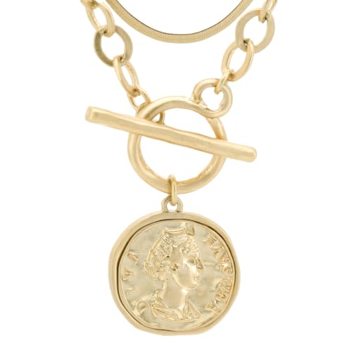 Chunky Gold Coin Pendant Necklace Trendy Layered Statement Chain for Women, Antique Toggle Design with Thick Link, Fashionable Necklaces for Women - color: 2pcs worn gold coin + Herringbone