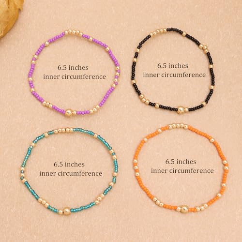 Gold Beaded Stackable Friendship Bracelets Set for Women, Handmade Boho Stretch Summer Jewelry Gift. - color: gold orange purple black blue