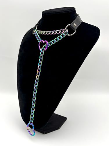 Black Leather Choker Collar For Women, Handmade Heart Slip Chain Choker Long Necklace with Adjustable Buckle - color: B-Black-Rainbow-Rainbow, size: 18''chain