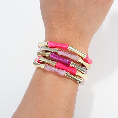 Gold Tube Bangle Bracelets for Women Stackable Bamboo Chunky Acrylic Beads Stretch Friendship Summer Beach Bracelet Jewelry - color: Colorful 01