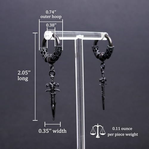 Sonateomber Gothic Silver Black Small Hoop Earrings for Women Men, Punk Hip Hop Engrave Beaded Goth Dangle Drop Earings Halloween Costumes Accessories Prom Fashion Jewelry Gift - color: Black Sword