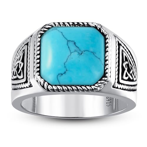 7ct Vintage Teal Turquoise|Emerald|Black Onyx Ring for Men 925 Sterling Silver Men Rings 11mm Square-Cut Mens Cocktail Rings Celtic Pattern Band for Dad Father Size 7-12 - color: Y-Customizable Name-Irish Celtic Knot-Genuine Turquoise