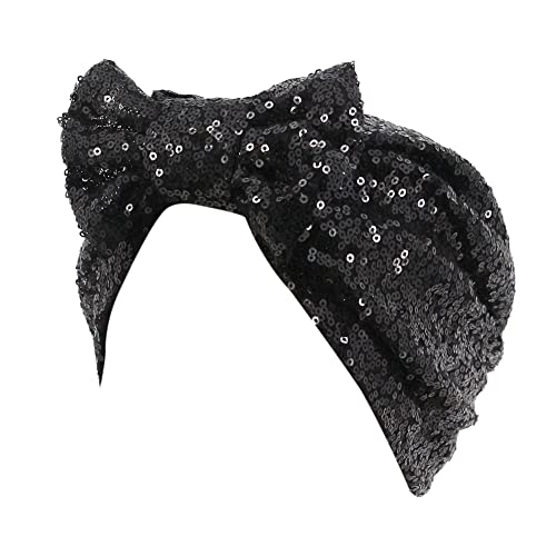 Erinaco Women Sparkle Sequin African Turban Bow Knot Pre-Tied Cap Pleated Ruffle Bonnet Beanie Hat Headwrap Skull Caps - color: Black Sequin