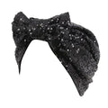 Erinaco Women Sparkle Sequin African Turban Bow Knot Pre-Tied Cap Pleated Ruffle Bonnet Beanie Hat Headwrap Skull Caps - color: Black Sequin