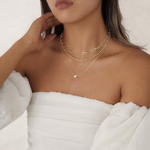 Layered Gold Necklace for Women Trendy 14K Gold Plated Heart CZ Pendant Layered Gold Necklaces Set Coin Choker Necklaces Simple Circle Cubic Zirconia Pearl Necklace Stack Herringbone Paperclip Chain Jewelry Set - style: 3PCS-Paperclip chain zircon-GD