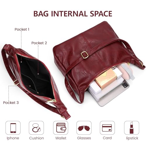 Brown Shoulder Bag for Women,Brown Leather Purse Slouchy Hobo Bags Everyday Purse Daily Commuting Bag with Zipper - color: Red