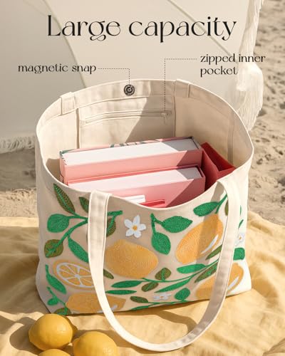 Miss Adola Embroidery Tote Bag with Pocket & Buckle - Reusable Canvas Tote for Women Cute Aesthetic Work Shopping Grocery Bag - style: Lemon