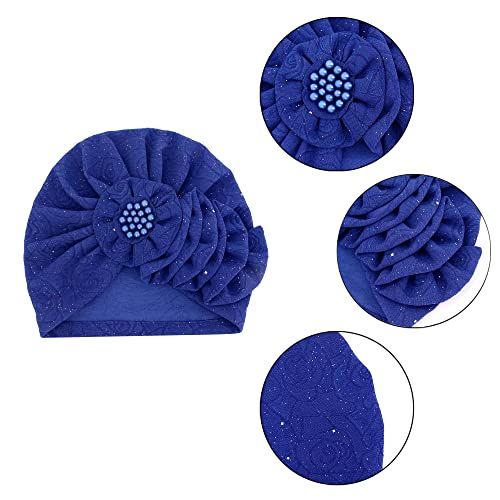 Erinaco Women Sparkle Sequin African Turban Bow Knot Pre-Tied Cap Pleated Ruffle Bonnet Beanie Hat Headwrap Skull Caps - color: Beaded Sapphire Blue