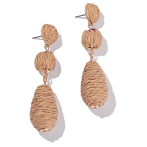 Boho Raffia Earrings Statement Dangle Earrings Cute Teardrop Ball Earrings Colorful Summer Jewelry Handmade Rattan Earrings for Women - color: Wheat