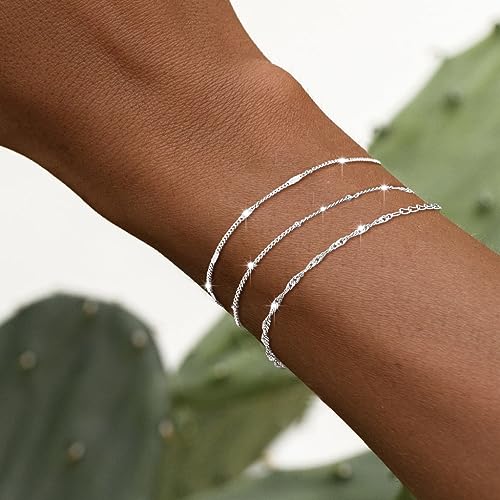 DEARMAY Sterling Silver Plated Bracelets Set for Women Waterproof, Non Tarnish Sterling Silver Link Chain Bracelets Pack Dainty, Fashion Jewelry Gifts for Everyday Comfortable - color: 6Pcs Silver Bracelet B