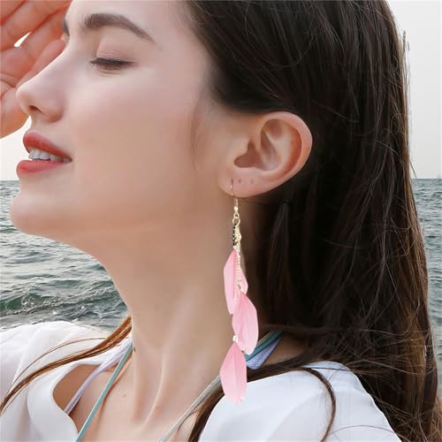 coadipress Boho Piercing Tassel Feather Long Chain Earrings Retro Lightweight Native Feather Dangle Drop Earrings for Women Bohemian Handmade Natural Feathers Earring Jewelry - color: Pink