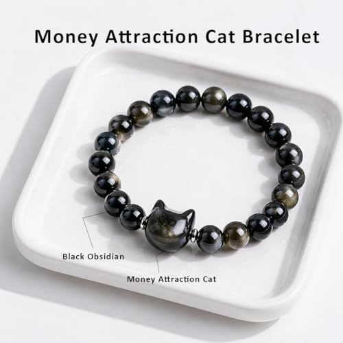 Beaded Bracelets for Women, Black Obsidian Money Attraction Bracelet, 8mm Healing Relax Anxiety Luck Crystal Bead Bracelets, Adjustable Jewelry Feng Shui Stretch Bracelet Cat Lover Gifts for Women Men - color: Black Cat