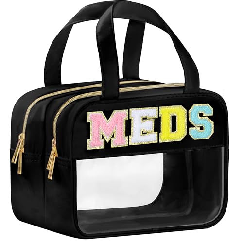 BuyCard Chenille Letter Clear Medicine Makeup Bag for Travel, Preppy Patch Nylon Cosmetic Meds Pouch with Handles and Zipper, Waterproof Large Travel Toiletry Bag Storage Case for Women Black - color: Black-MEDS