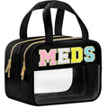 BuyCard Chenille Letter Clear Medicine Makeup Bag for Travel, Preppy Patch Nylon Cosmetic Meds Pouch with Handles and Zipper, Waterproof Large Travel Toiletry Bag Storage Case for Women Black - color: Black-MEDS