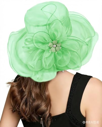 ORIDOOR Women’s Organza Church Tea Party Wedding Fascinator Derby Hat Wide Brim Sun Hats - color: C8-green