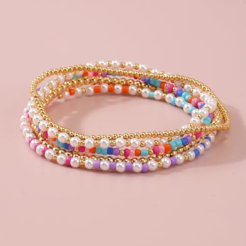 14K Gold Beaded Ball Stackable Bracelets for Women,Bohemian Stretch Colorful Seed Beads Bracelet Stack Fashion Holiday Jewelry Gift Friendship - color: Colorful