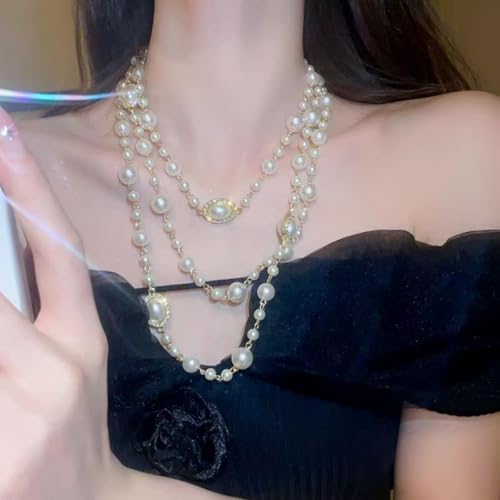 Layered Pearl Necklaces for Women Big Pearl Long Chain Necklace Dainty Faux Pearl Necklaces Statement Sweater Strand Chain Jewelry - style: SetG