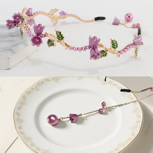 AHONEY Purple Flower Headband for Women Rapunzel Girls Hair Vine Gold Leaf Boho Headband Wedding Fairy Hair Accessories Headpiece - color: Purple