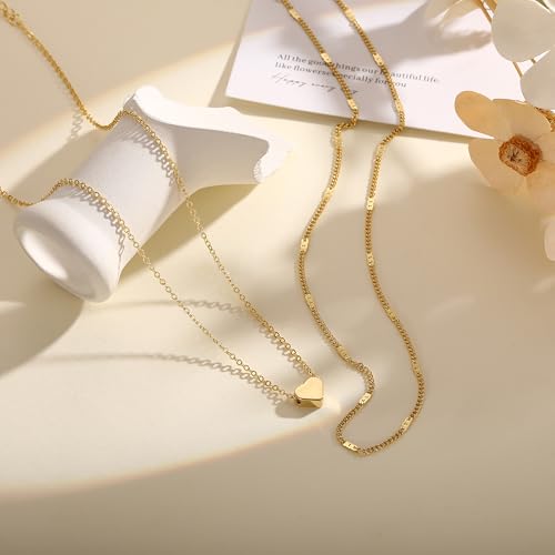 Layered Gold Necklace for Women Trendy 14K Gold Plated Heart CZ Pendant Layered Gold Necklaces Set Coin Choker Necklaces Simple Circle Cubic Zirconia Pearl Necklace Stack Herringbone Paperclip Chain Jewelry Set - style: 2PCS-Heart pendant-GD