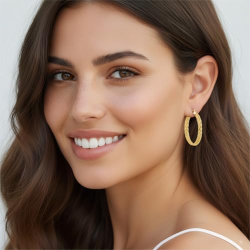 Gold Hoop Earrings for Women 14K Gold Earrings for Women Thick Large Earrings Gold Huggie Earring Womens Lightweight Hypoallergenic - color: Twisted Gold