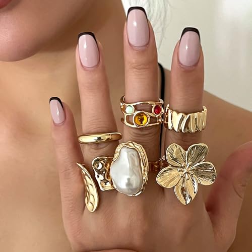 Gold Silver Chunky Ring Set for Women,Open Stacking Knuckle Statement Ring,Boho Flower Baroque Pearl Rings Set,Minimalist Aesthetic Rings Jewelry Gifts - color: Gold
