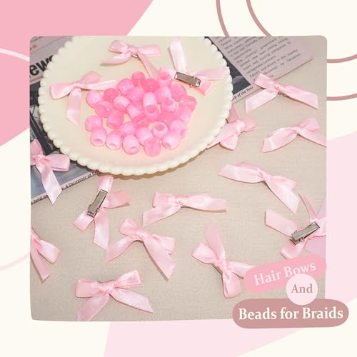 45PCS Pink Hair Bow Large Hair Beads for Braids Acrylic Loc Jewelry Beads Cute Bow Hair Clips for Women Girls - color: Pink