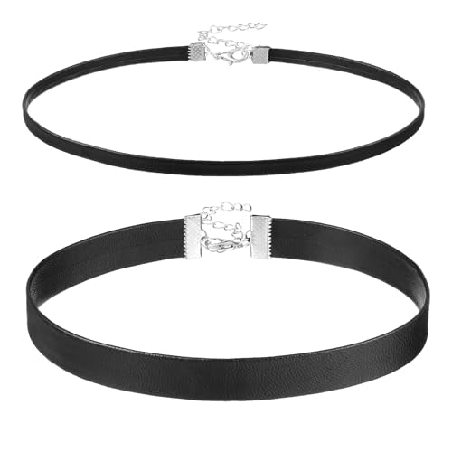 Choker Necklace for Women, 2 PCS Thick Black PU Leather Choker Y2k Gothic Necklaces Set for Women