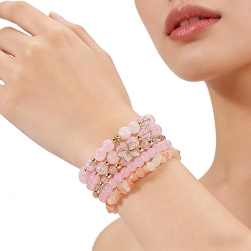 coadipress 5Pcs Bohemian Flower Stackable Bead Bracelets for Women Multilayer Crystal Glass Beaded Charm Bangles Bracelet Boho Summer Beach Hawaii Holiday Statement Jewelry - color: Pink