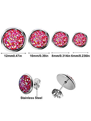 Hicarer 32 Pairs Round Druzy Stud Earrings Bohemian Round Stud Stainless Steel Pierced Earrings Jewelry for Women Graduation Gift - size: 8 mm