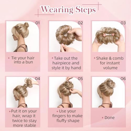 Messy Bun Hair Piece Human Hair, Real Buns for Women, Ashy Blonde Scrunchie Updo Hairpieces, Natural Fake Bun Extension, Faux Wig Donut Chignon, Lightweight 25g Thick Wavy Hairpiece - color: Ashy Bronde
