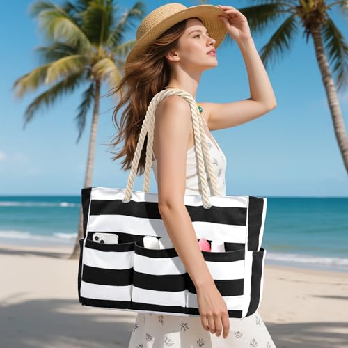 Becokan Beach Bags for Women Canvas Large Beach Tote Bag Zipper Waterproof Sandproof Foldable Swim Pool Bag with 7 Pockets - color: Black