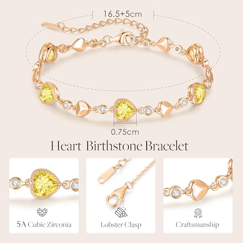 925 Sterling Silver Birthstone Heart Bracelet Jewelry Gift for Women | Rose Gold Plated Bracelets,Hypoallergenic,Adjustable Chain Personalized Anniversary Christmas Jewelry Gift for Mom Wife - color: Rose Gold-11-Nov