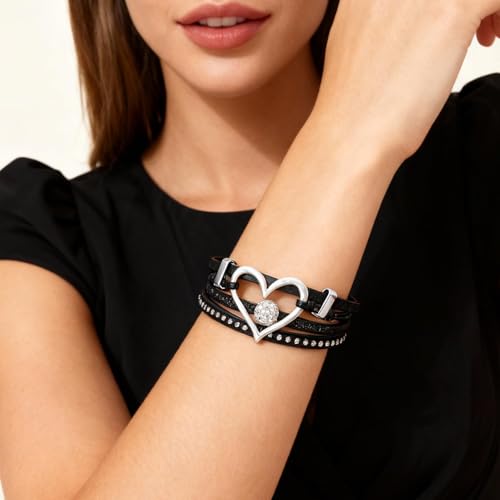 Long tiantian Leather Bracelets for Women Warp Bracelet Stackable Boho Layered Bracelet Chunky Heart Trendy Birthday Gifts for Her - color: A3:Boho Jewelry for Women (Black)