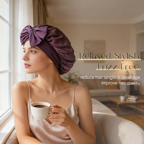 ZIMASILK 100% Mulberry Silk Bonnet for Sleeping Women Long Hair Double Layer Silk Hair Wrap with Tie Band Stay On Head (1Pc, Dark Mauve) - color: Dark Mauve-clover Crest
