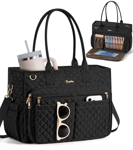 Bagstellar Teacher Bags for Women, 15.6 inch Laptop Work Tote Bag Quilted Nurse Bible Computer Shoulder Bag for School Travel | Dream Tote Work Bag - color: Black