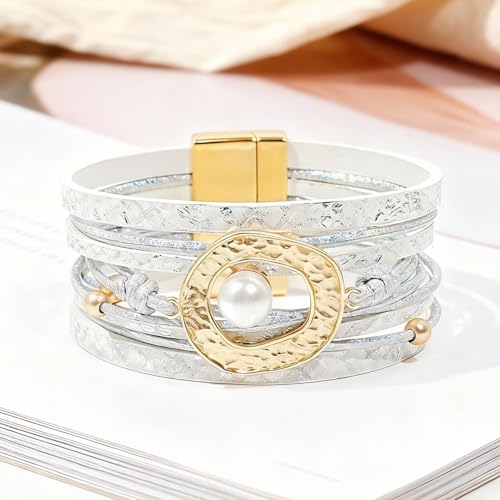 Long tiantian Boho Leather Wrap Bracelets Western Bracelets for Women Stackable Starfish Crystal Pearl Turquoise Leather Bracelet With Clasp Jewelry Gifts Boho Dresses - color: C2:white leather bracelet