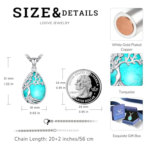 Turquoise/Amethyst/Moonstone/Black Onyx Tree of Life Necklace for Women Hummingbird Necklaces White Gold Plated Copper Jewelry - style: B-Tree of Life -Turquoise