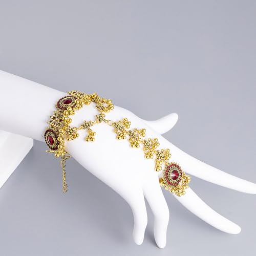 Boho Hand Chain Bracelet Ring For Women Trendy Finger Rings Retro Ethnic Style Dainty Adjustable Wrist Chain Cubic Zirconia Bracelet Wedding Jewelry Stocking Stuffers Engagement Gift - color: Red