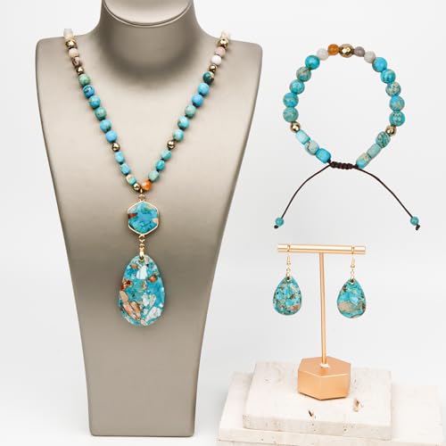 Boho Jewelry Sets for Women | 3 Pcs Natural Amethyst Labradorite Rose Quartz Beaded Long Necklace Wrap Bracelet Dangle Earrings Handmade Vintage - color: Turquoise