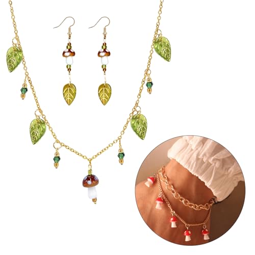 3 Pcs Mushroom Jewelry Necklace Set, Funky Earrings Mushroom Earrings for Women, Green Leaf Necklace & Bracelet, Whimsical Jewelry Glass Glaze Mushrooms Gifts Stuff for Holiday