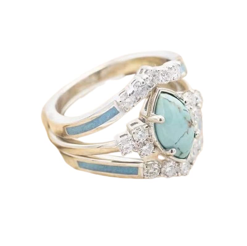 3 PCS Natural Turquoise Diamond Ring Set - Western Jewelry Silver Color Rings for Women - Bohemian Joint Knuckle Finger Rings With Sparkling Natural Gemstone - size: 10