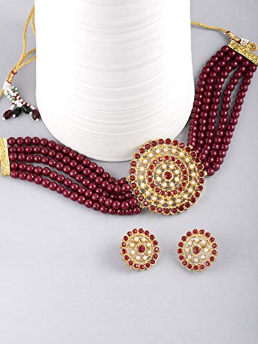 Aheli Pearl Diamond Choker Necklace & Round Earrings Gift for Women Indian Traditional Bollywood Fashion Bharatanatyam jewellery set - color: Maroon 1