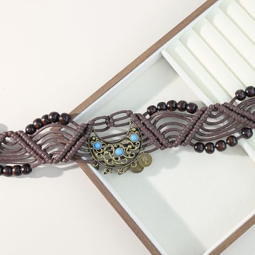 Women Braided Waist Belt Boho Woven Belt with Wooden Beads and Ring Clasp Vintage Long Tassel Rope Tie Belt for Dress - color: Brown 1