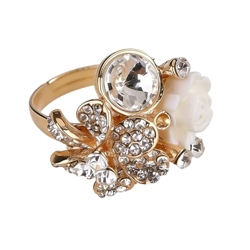 Jumwrit Shiny Crystal Flower Ring Statement Adjustable Open Band Wrap Finger Ring Square Rhinestone Floral Cocktail Ring Party Bridal Wedding Jewelry Vintage Boho Knuckle Ring for Women - color: Gold